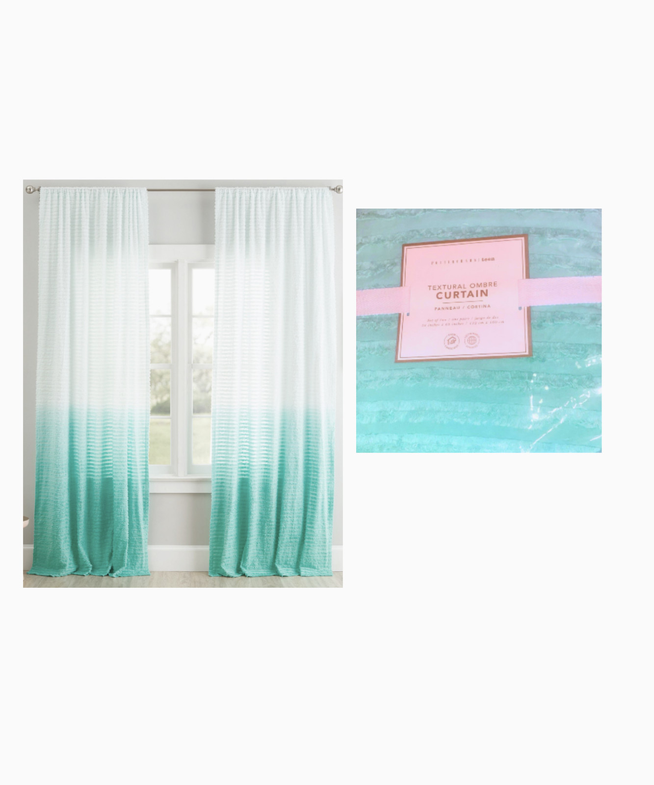 Pottery Barn Teen Textural Ombre Curtain Set Teal White 52 in. x 63 in.