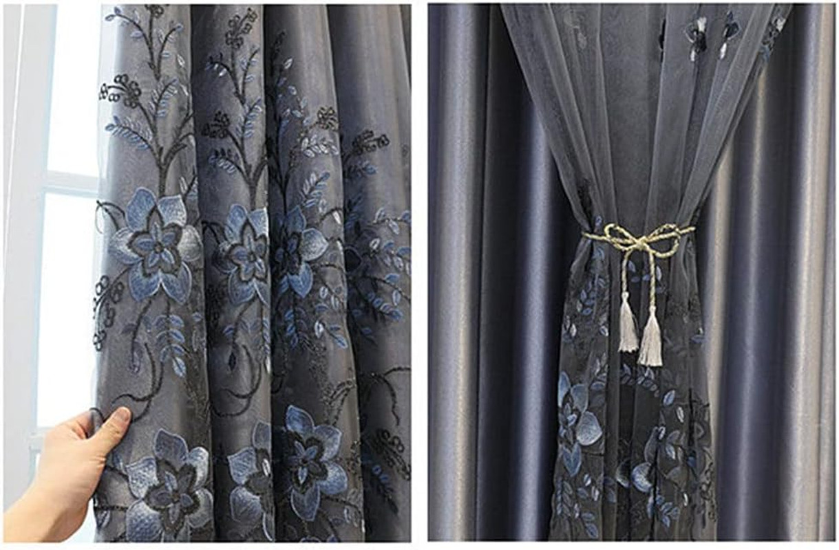 Luxury Flower Embroidered Double Layer Curtains with Valance – Grey 54×96 Inch