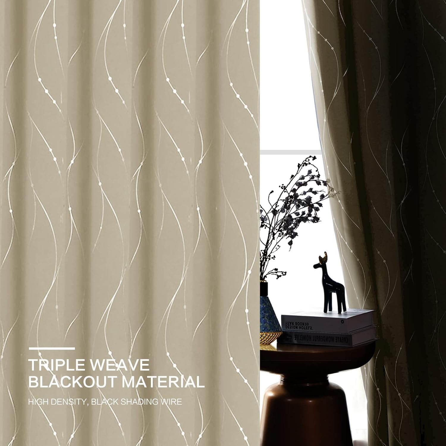 BUHUA Window Treatment Panels DXY 33W×72L Beige Grommet Wave Line Print 1 PANEL