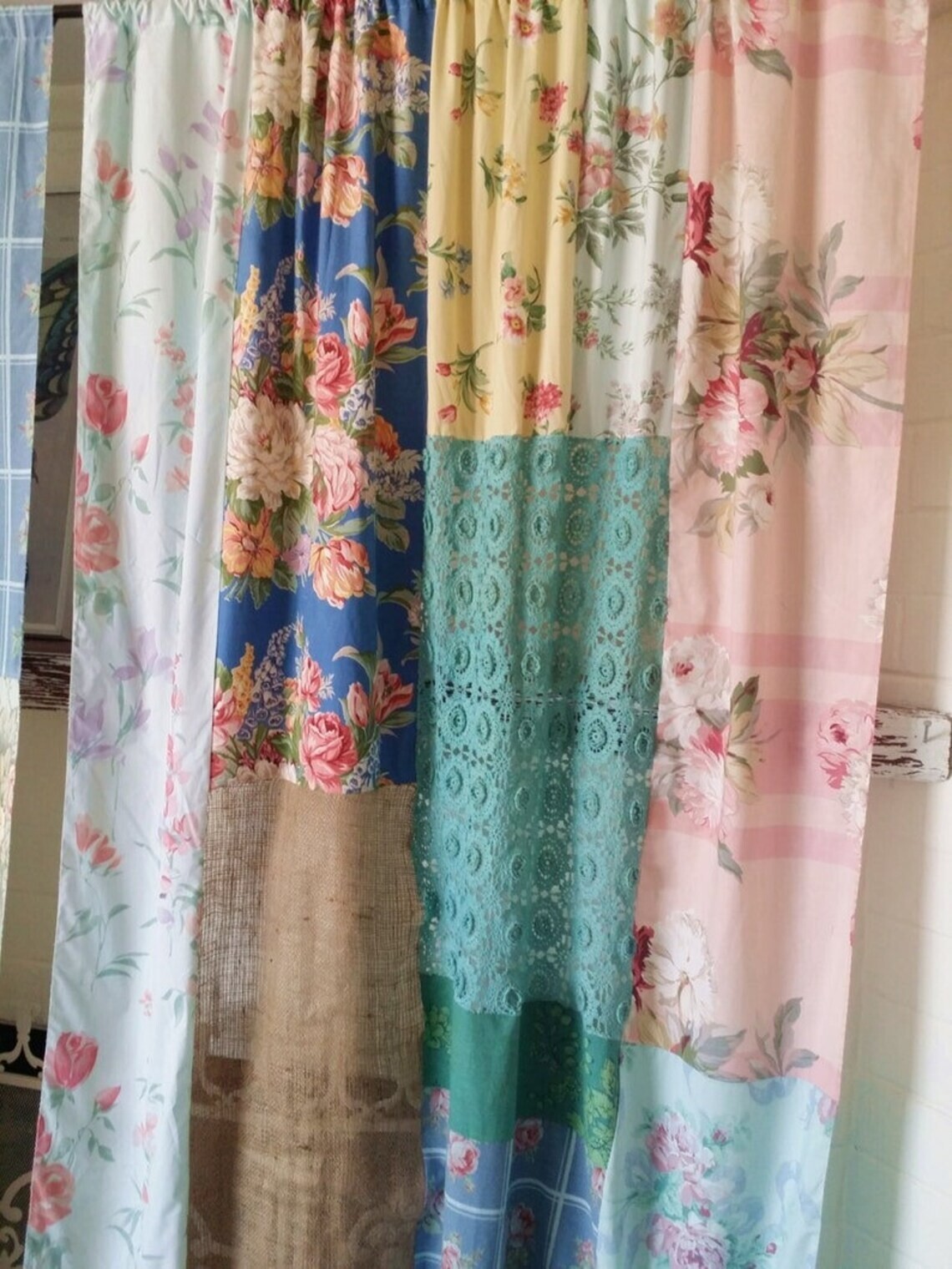 2 Pcs Indian Sari Patchwork Curtain Drape Window Decor Multi Silk Sari Curtain