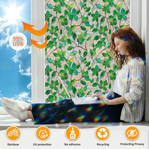 Window Privacy Film with Installation Tools Home 17.5 * 78.7 in Greenery Leaf