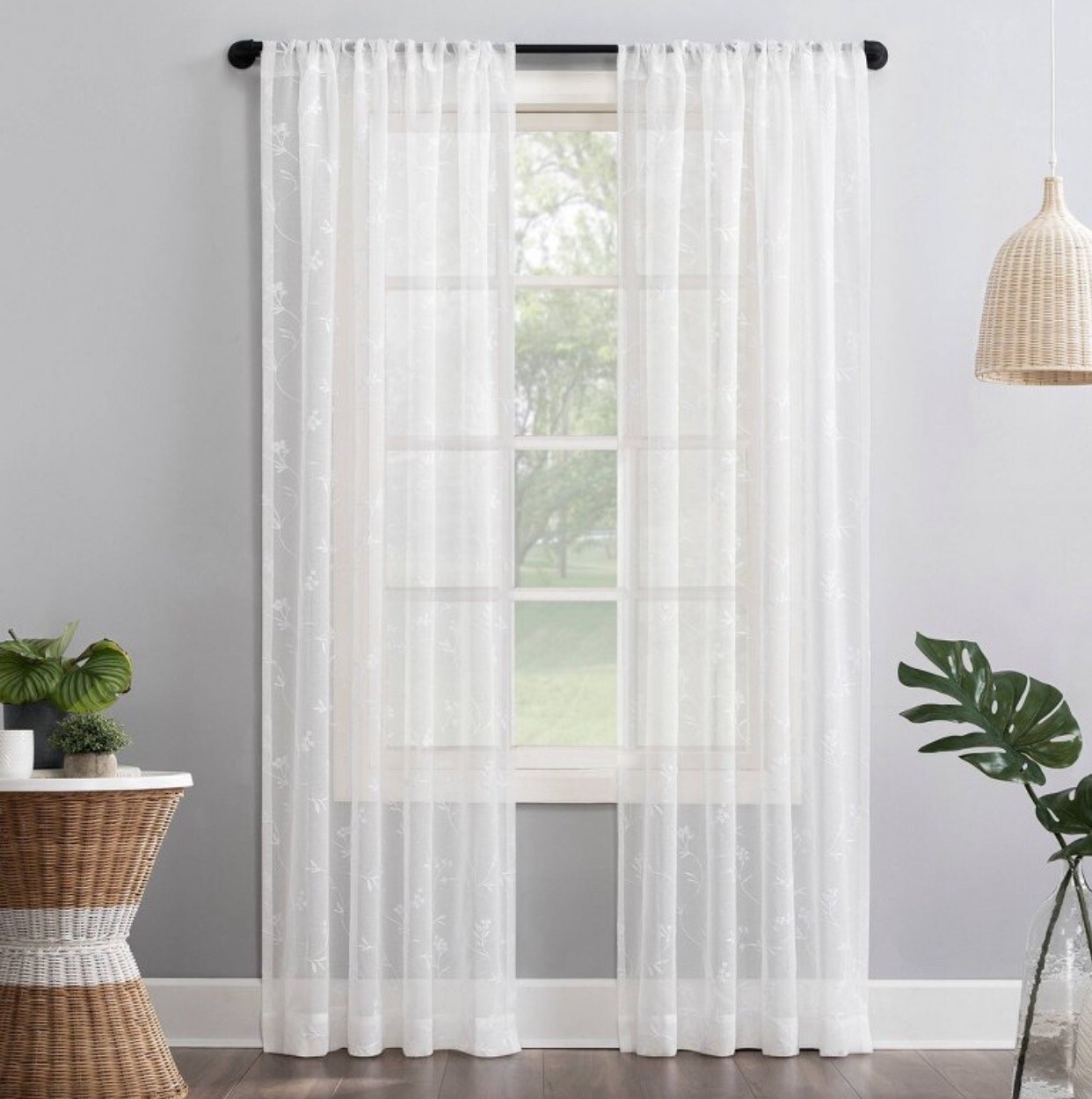 No. 918 Delia Embroidered Floral Sheer Rod Pocket Curtain 1 PANEL Ivory 63″x50″