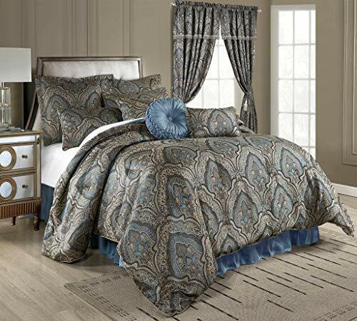 4pc Blue Gold Silver Gray Medallion Curtains Panels Drapes 84 in Valance Tassels