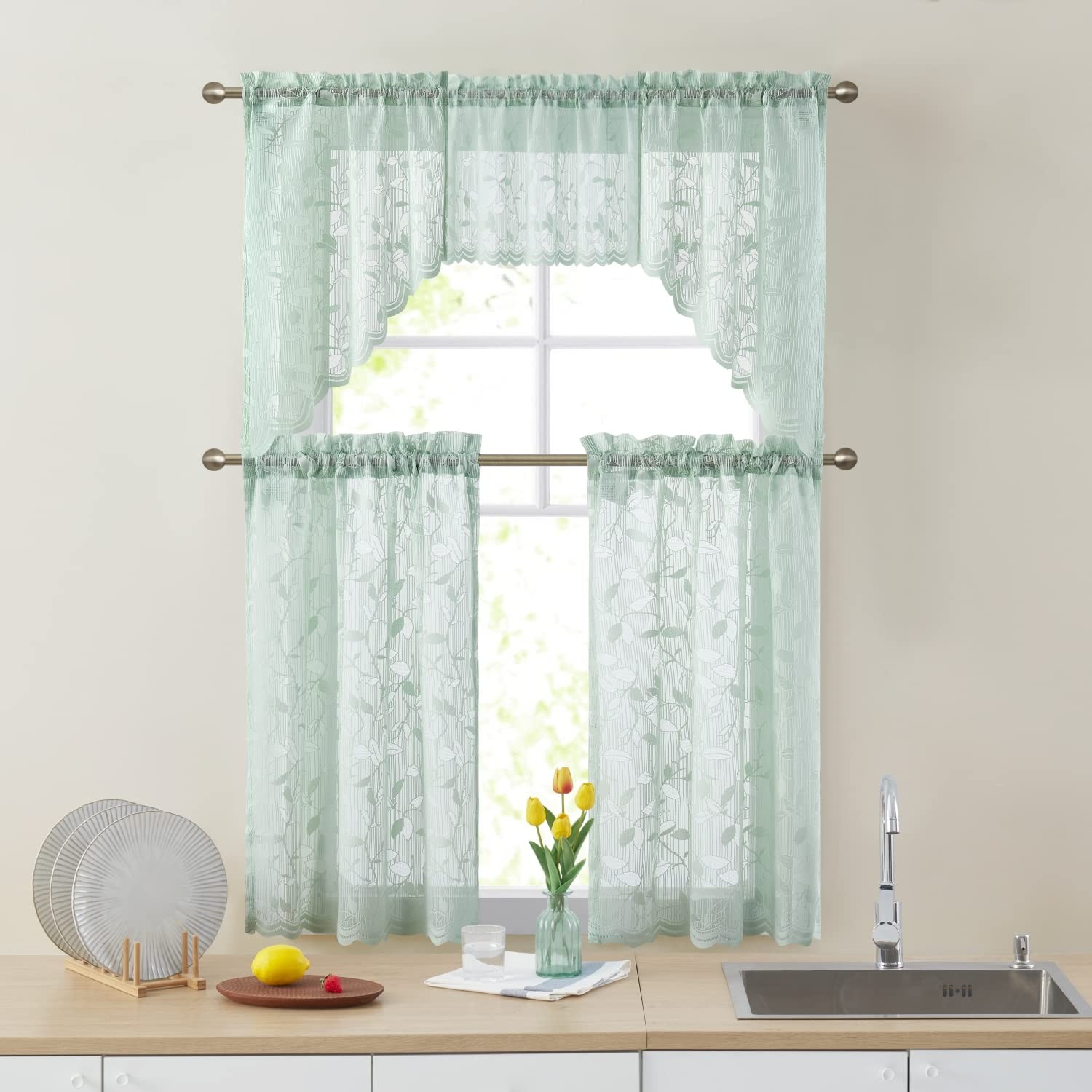 HLC.ME Joyce Lace Sheer Kitchen Cafe 30″W x 36″L (Pack of 2), Seafoam Green