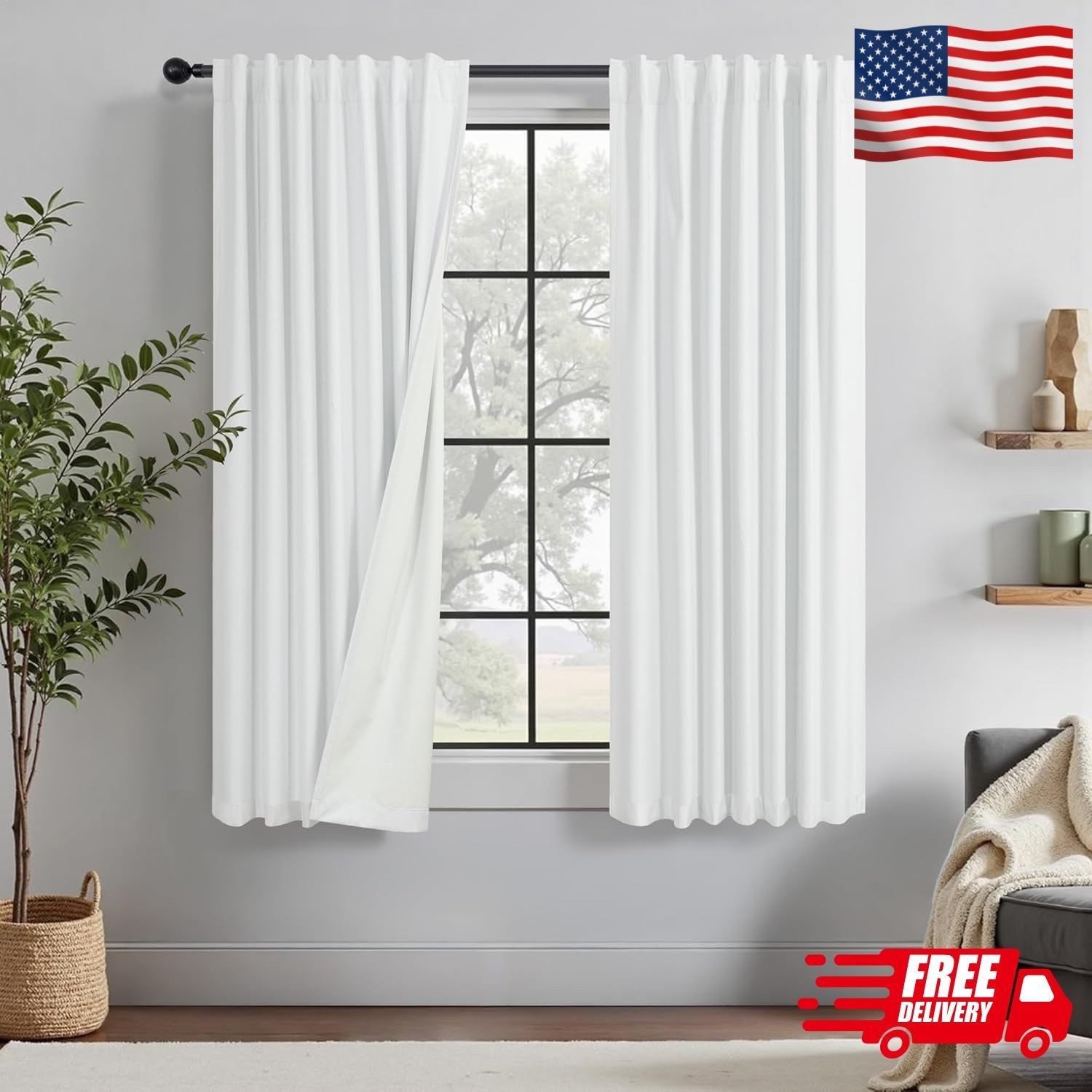 Blackout Curtains 68 Inches Long 2 Panel Thermal UV Heat Blocking White Linen