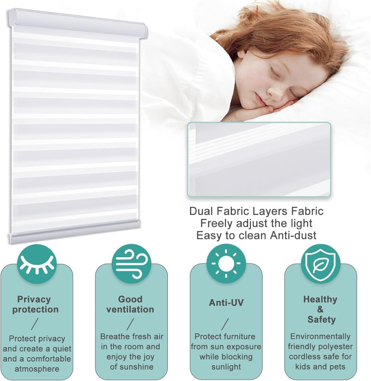 Cordless Zebra Blinds – Dual Layer Light Filtering & Privacy Shades, 34″ W X 72″
