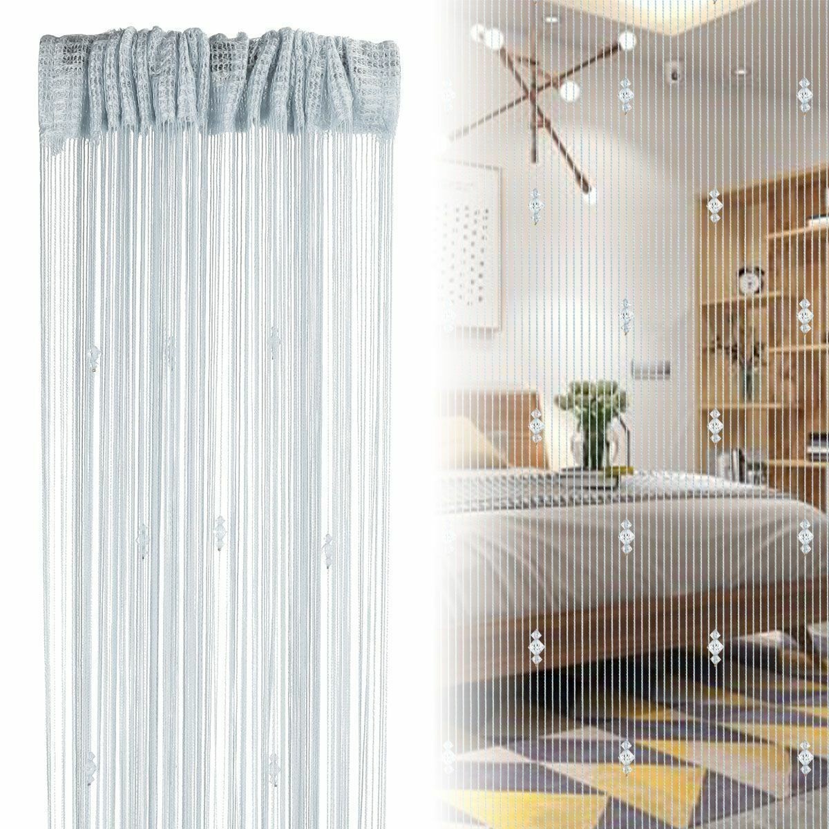 String Door Curtain Crystal Beads Room Divider Tassel Fringe Window Panel Beaded