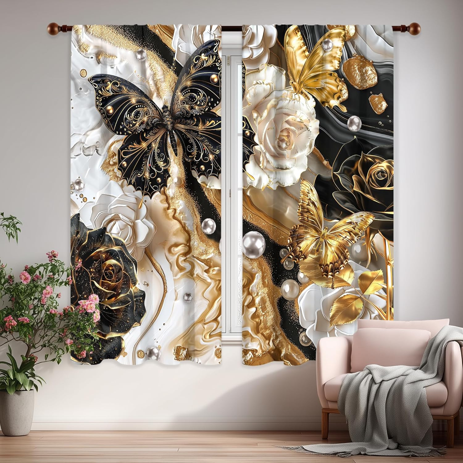 Black and Gold Butterfly Marble Curtains 42Wx63H Inch Abstract Modern Floral Flo