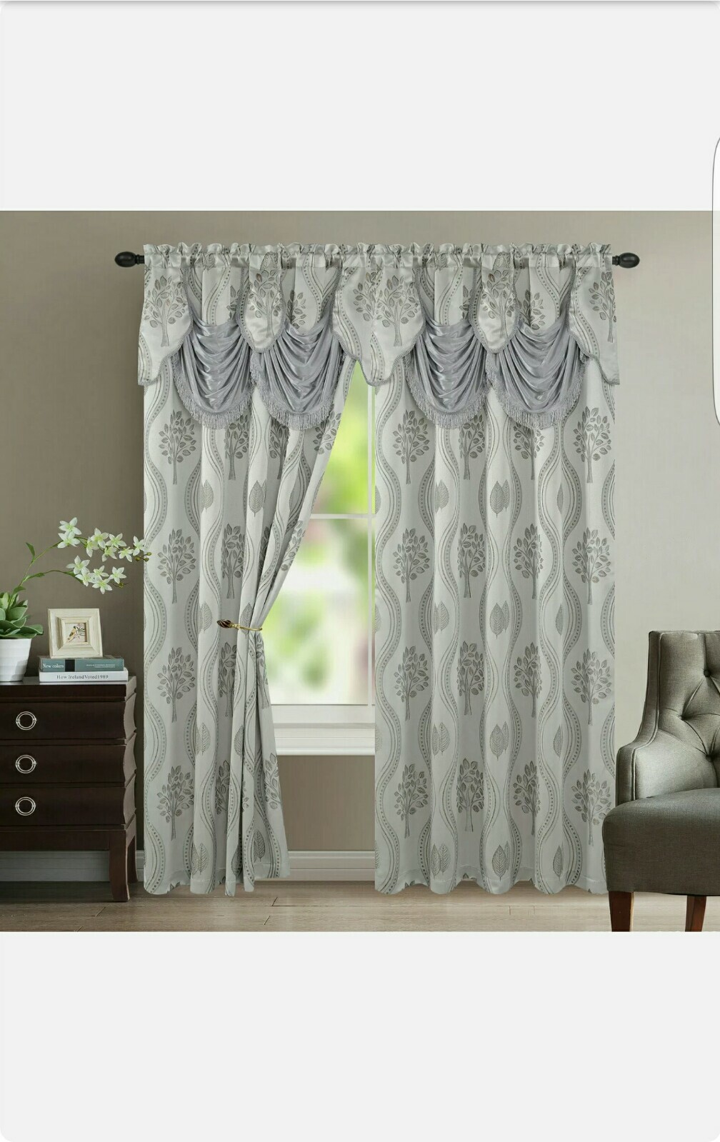 Set Of 2 Aurora Tree Leaf Jacquard Window Panel with Attached Valance 54×84 Inch
