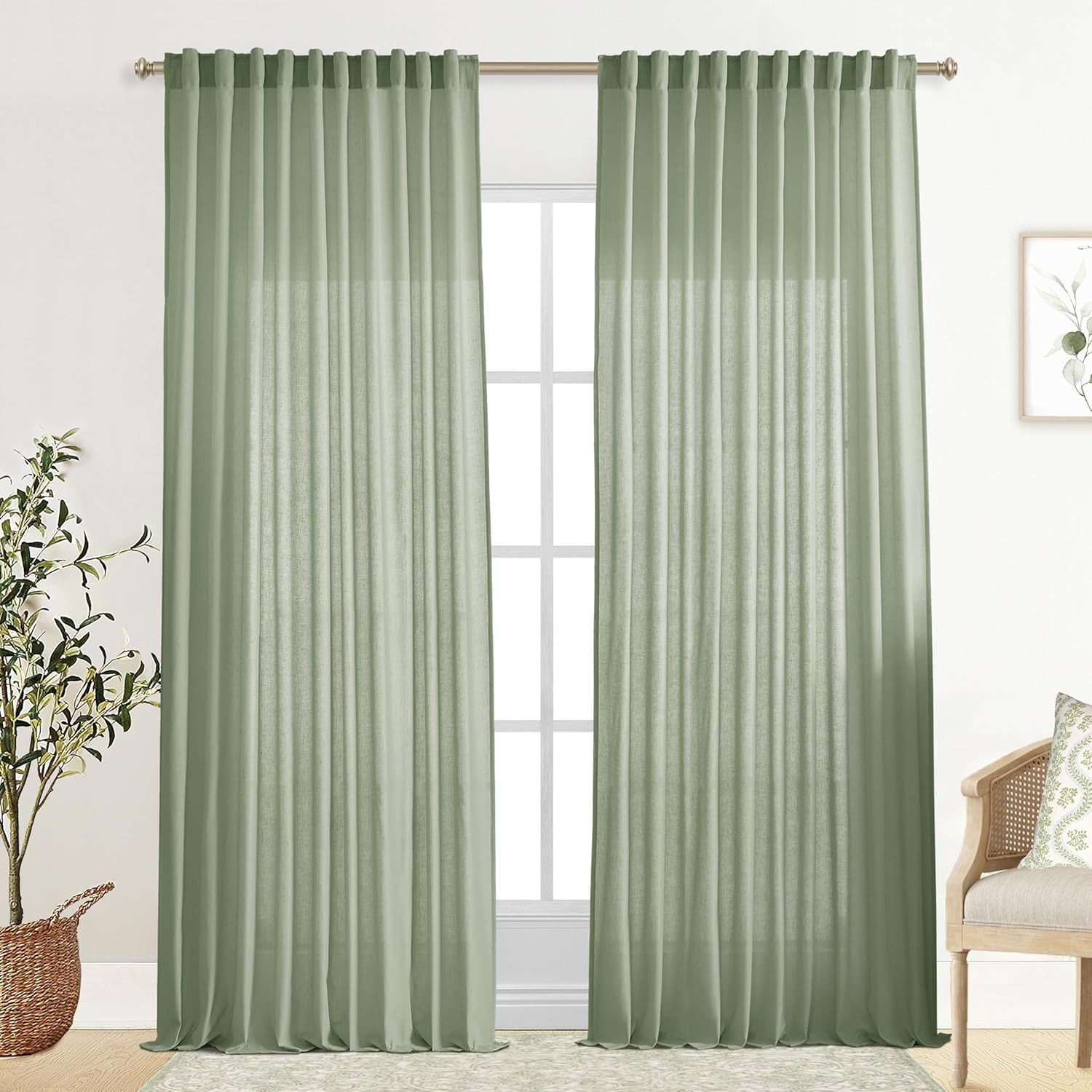Sage Green 70″ Wide Sheer Linen Curtains, 96″ Long for Living Room & Bedroom