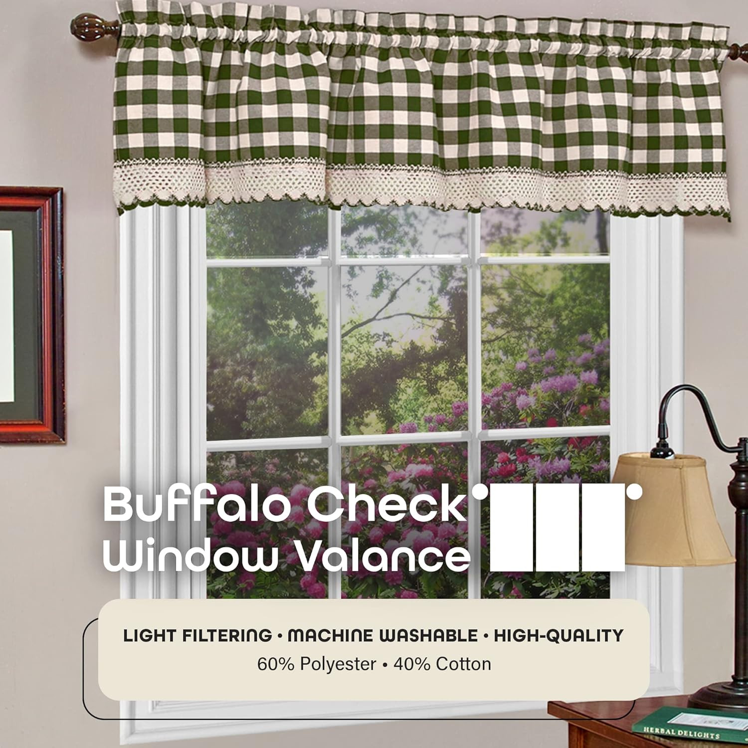 Buffalo Check Valance Window Curtains – 58 Inch Width, 14 Inch Length – Sage Gre