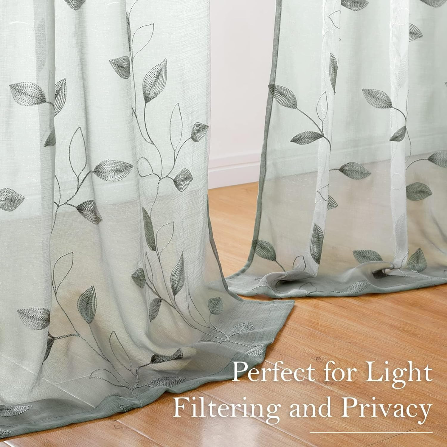 Sage Green Sheer Curtains 52 X 63 Inches Length 2 Panels Embroidered Leaf Patter