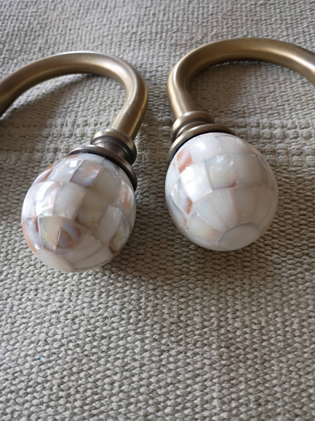 Pair Vtg Curtain Tiebacks Holdbacks Faux Mother of Pearl Aged Brass