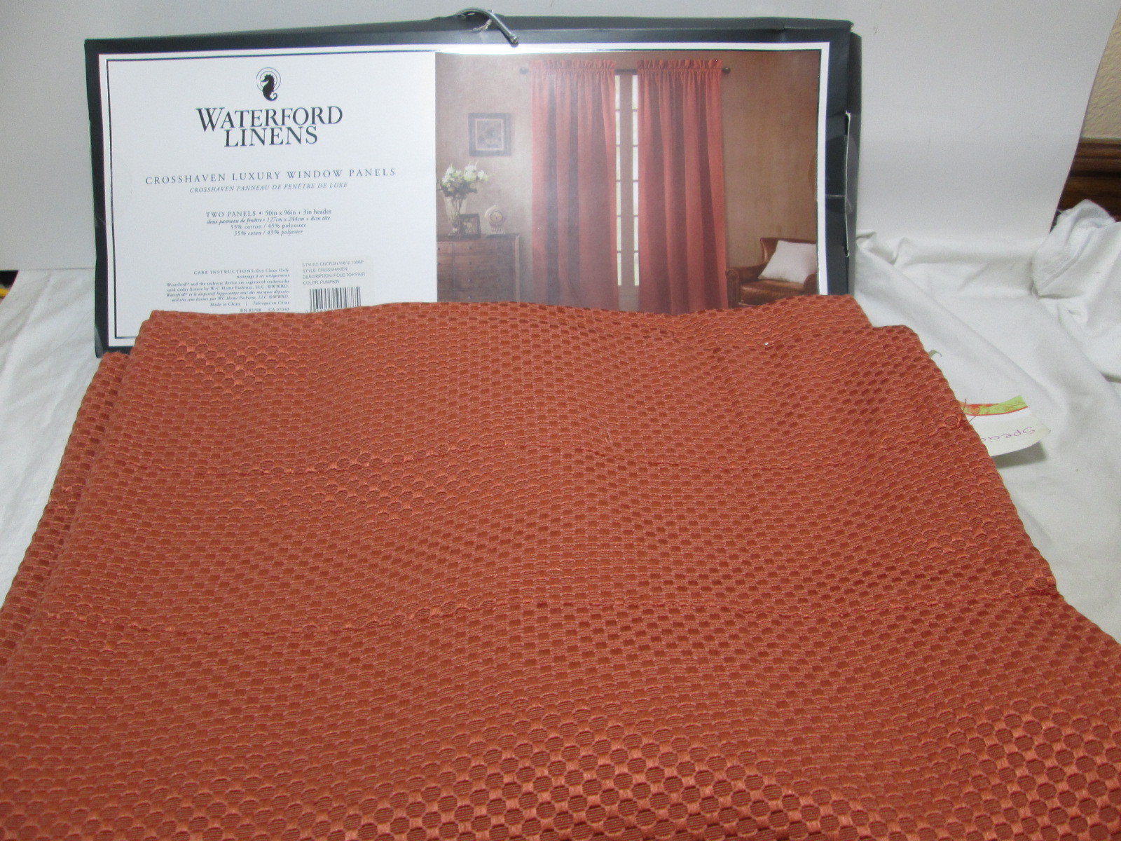 New Waterford Linens CROSSHAVEN Window Panels Two (50″x96″) ~ Rust Pumpkin NEW