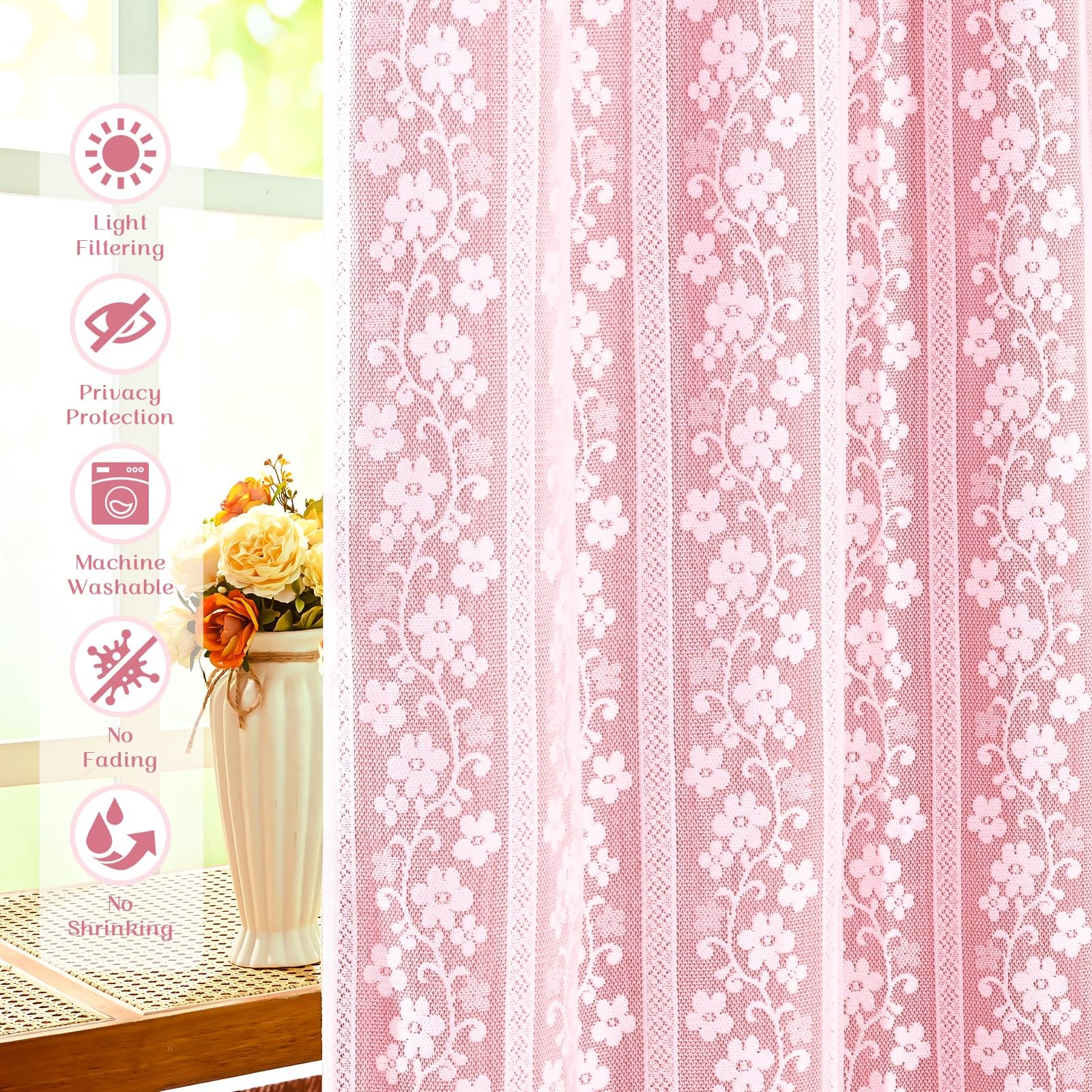 Aspmiz Pink Kitchen Curtains Double Layer Curtains Linen Lace Linen Kitchen