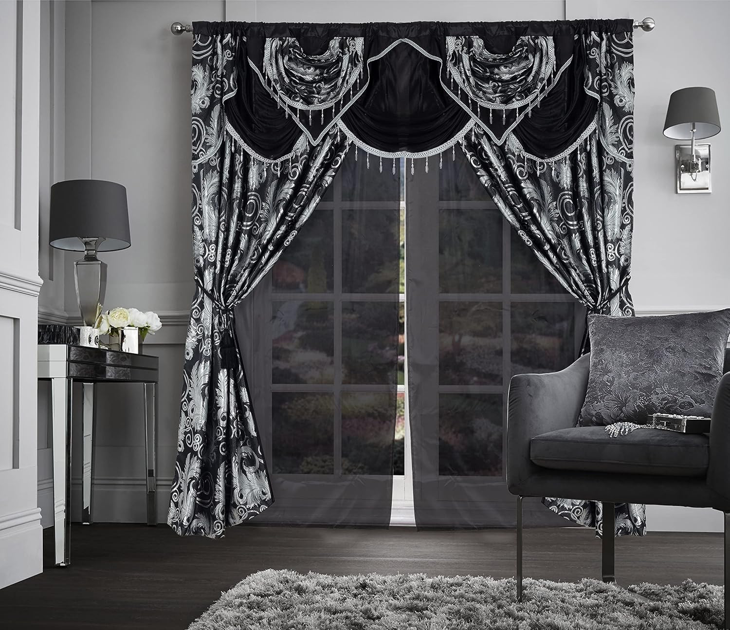 Jacquard Luxury Window 2 Panel Set Black Curtain with Attached Valance and Backi