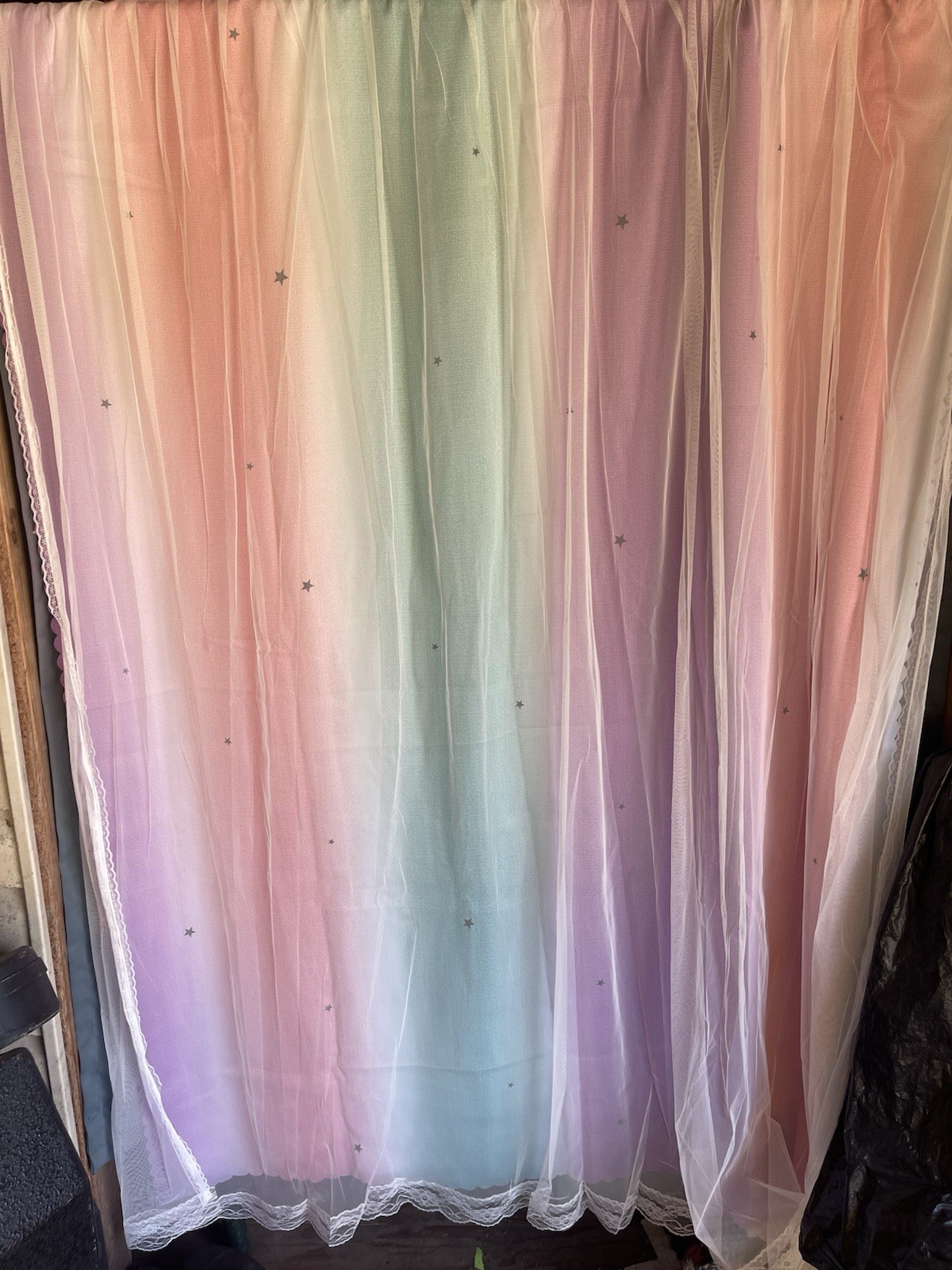 Dream Curtain Black Out Pastel Rainbow ,Striped ,Star – Cut , Lace Overlay