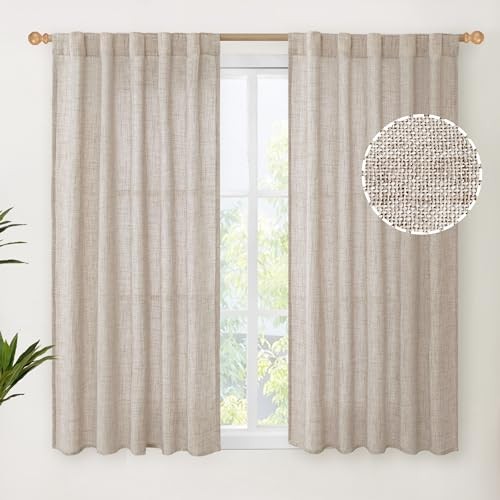 Linen Curtains 48 Inch Length for Kitchen 42″W x 48″L (Pack of 2) Natural