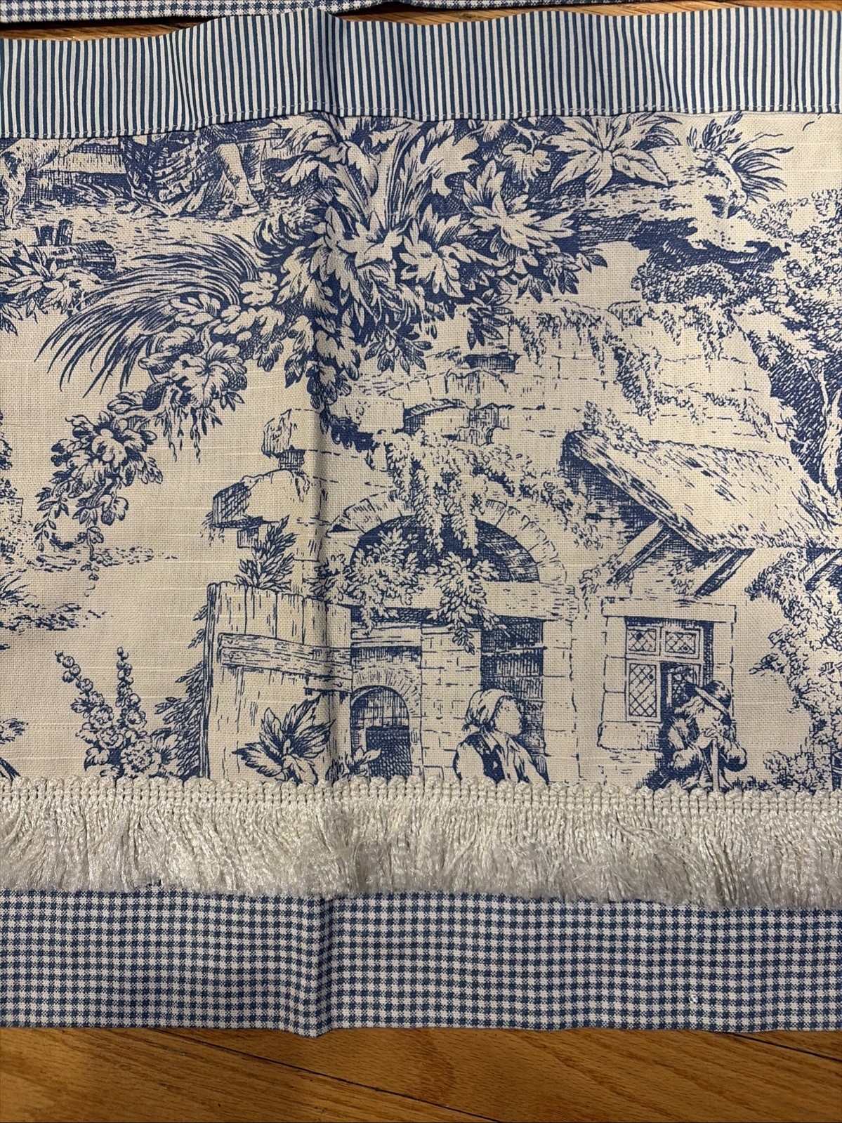 Set 3 Gingham Toile Valances Country Blue/Cream w/ Fringe-Each is 52″ x 16″