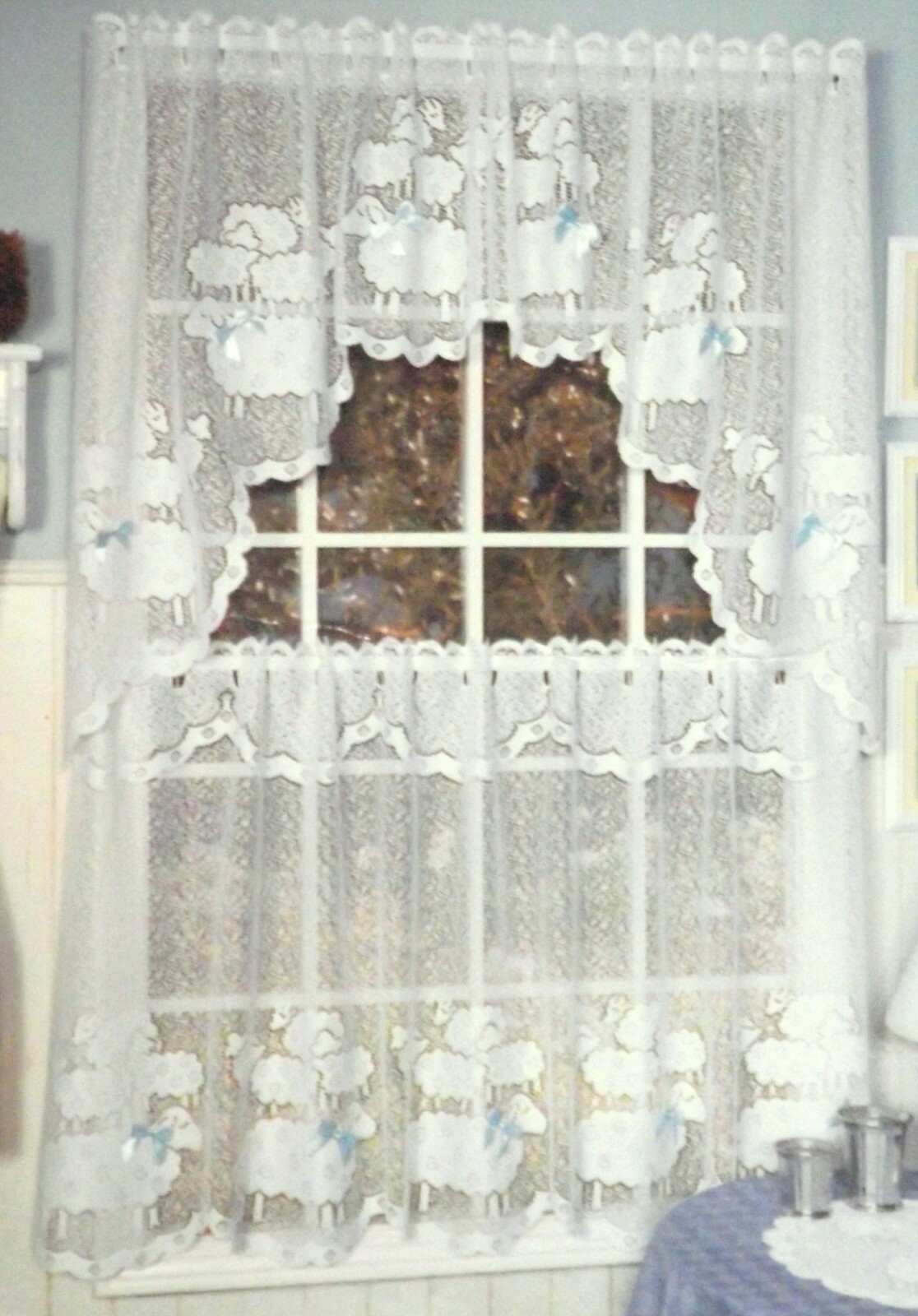 Heritage Lace Curtain Nursery – Love EWE Sheep SWAG 35L X 72W White Blue Ribbon