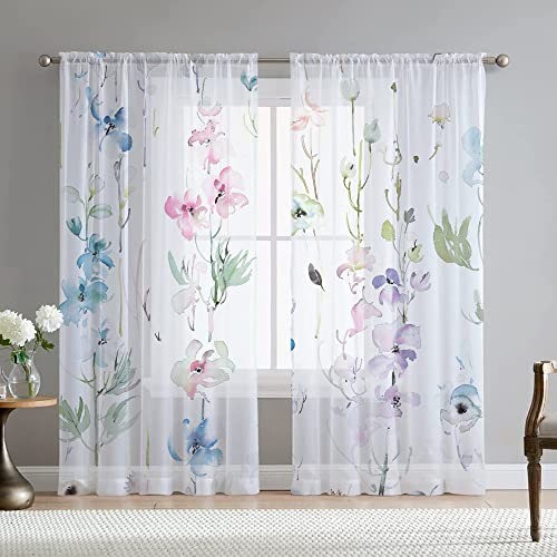 Floral Leaves Curtains for Living Room 84 inch 54″W x 84″L (Pack of 2) A-blue