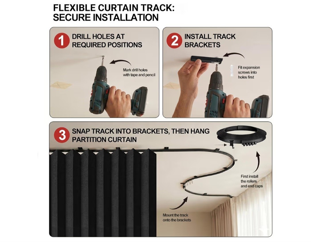 Jilron Room Divider Curtain-Black Fabric-100″x108″-Flexible Curtain Track-NEWSLD