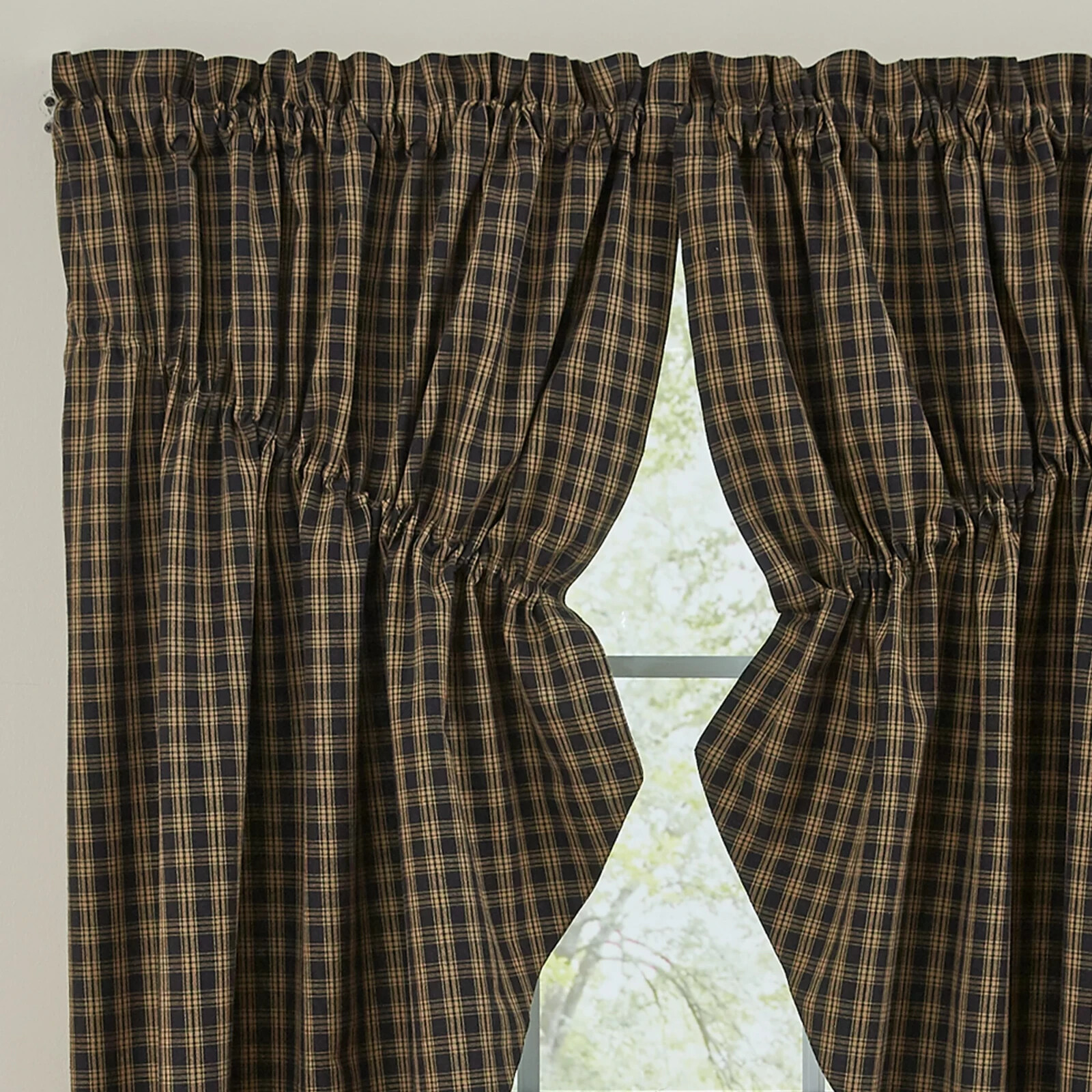 Sturbridge Black Tan Plaid Cotton Lined Country Gathered Prairie Curtains