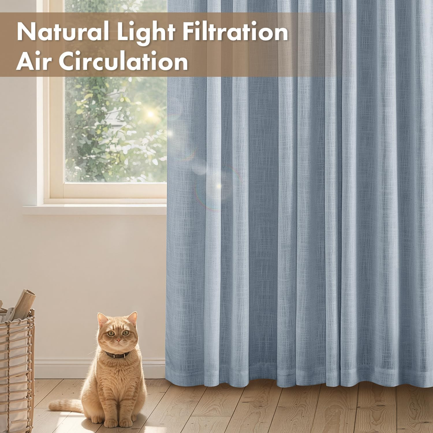 Thick Linen Curtains 96 Inches Long Light Blue Semi Sheer for Farmhouse/Living R