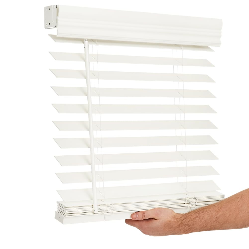 Cordless 2-inchFaux Wood Blind 34″ Wide x 60″ Long,(Soft White-Antique White)…