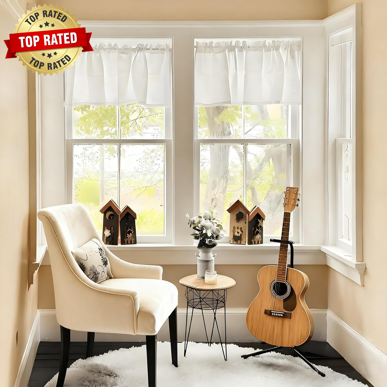White Waffle Bathroom Window Curtains, 24 W X 36 L Inch Each | Water Repellent,