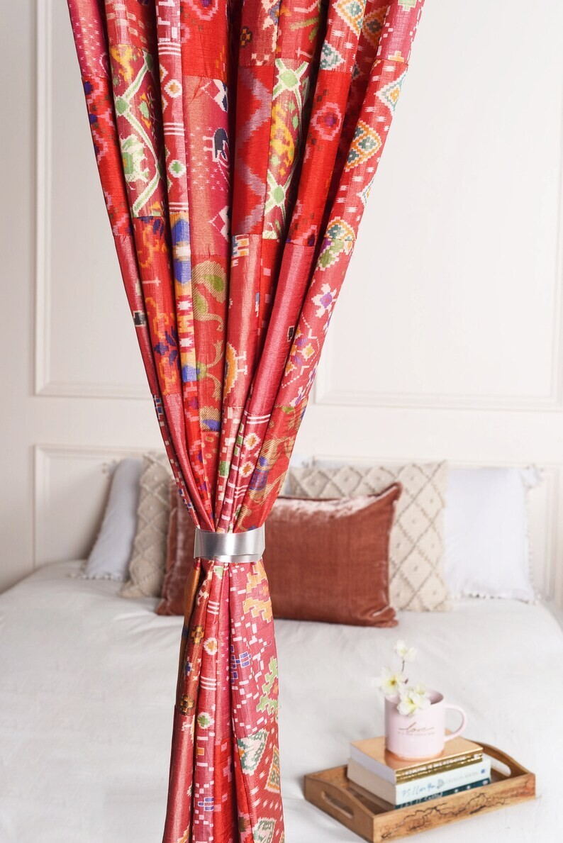 2 Pcs Indian Sari Patchwork Curtain Drape Window Decor Red Silk Sari Curtain
