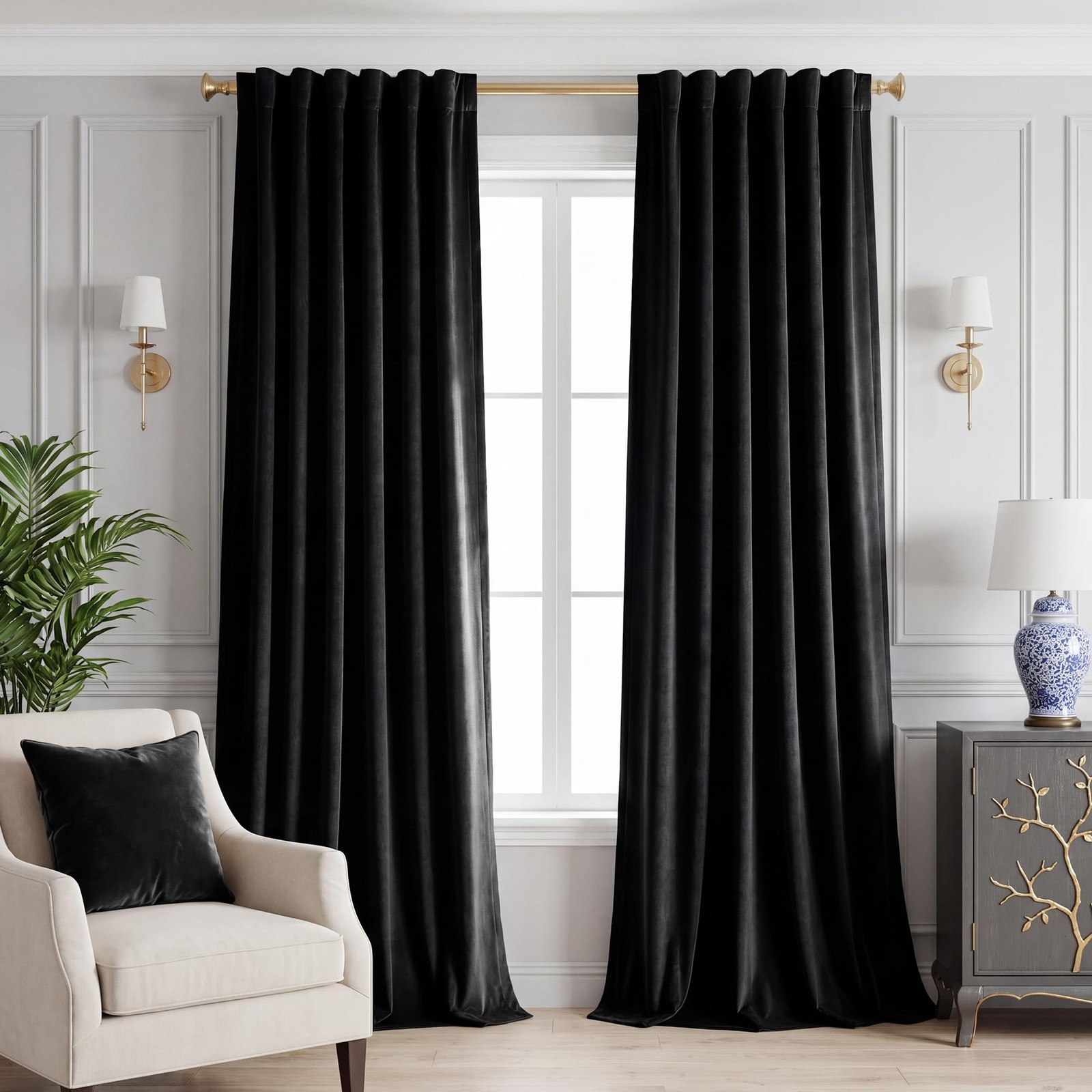 Blackout Curtains Velvet Black 84 inches Long for Bedroom, Thick Back Tab The…