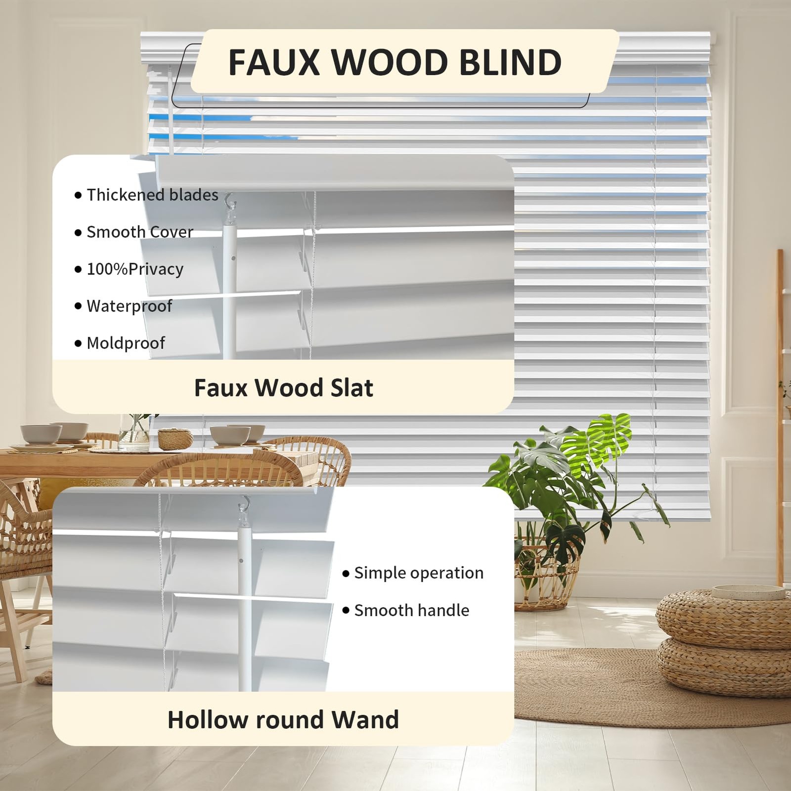Cordless Faux Wood Blinds 34″ W x 72″ H, 2 Inch Slat Horizontal Windows Blind…