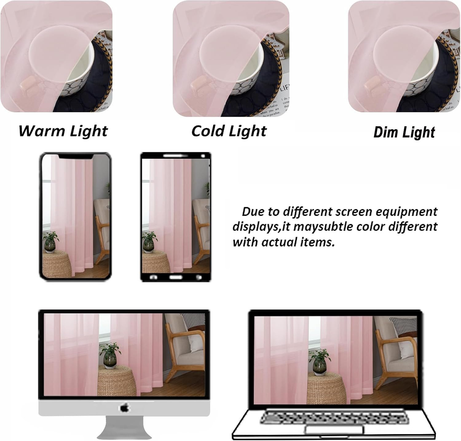 Blush Sheer Curtains 54 Inch Length for Bedroom – Light Filtering Short Curtains