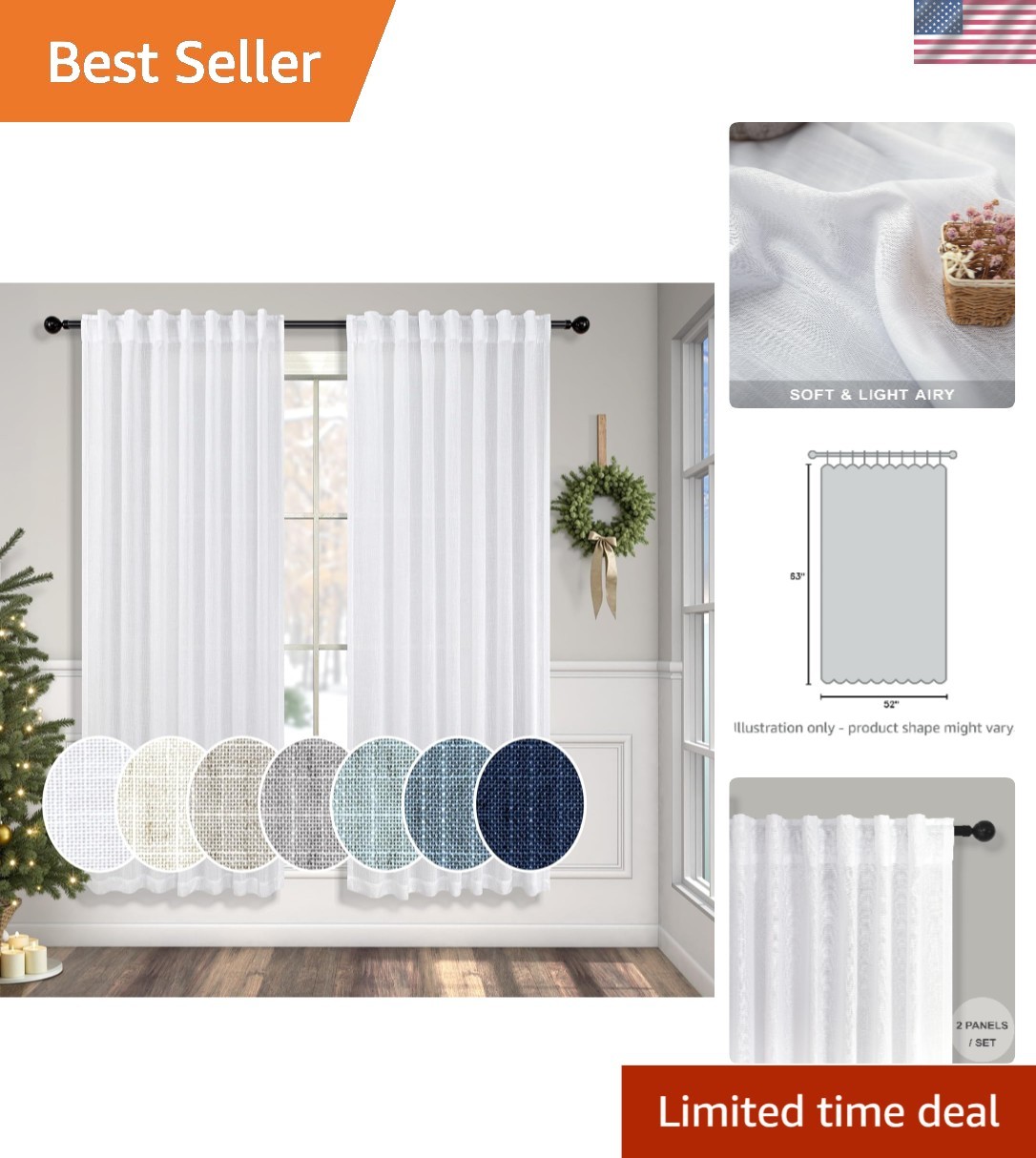 Light Filtering White Linen Panels – 63 Inch Pure White Curtains for All Rooms