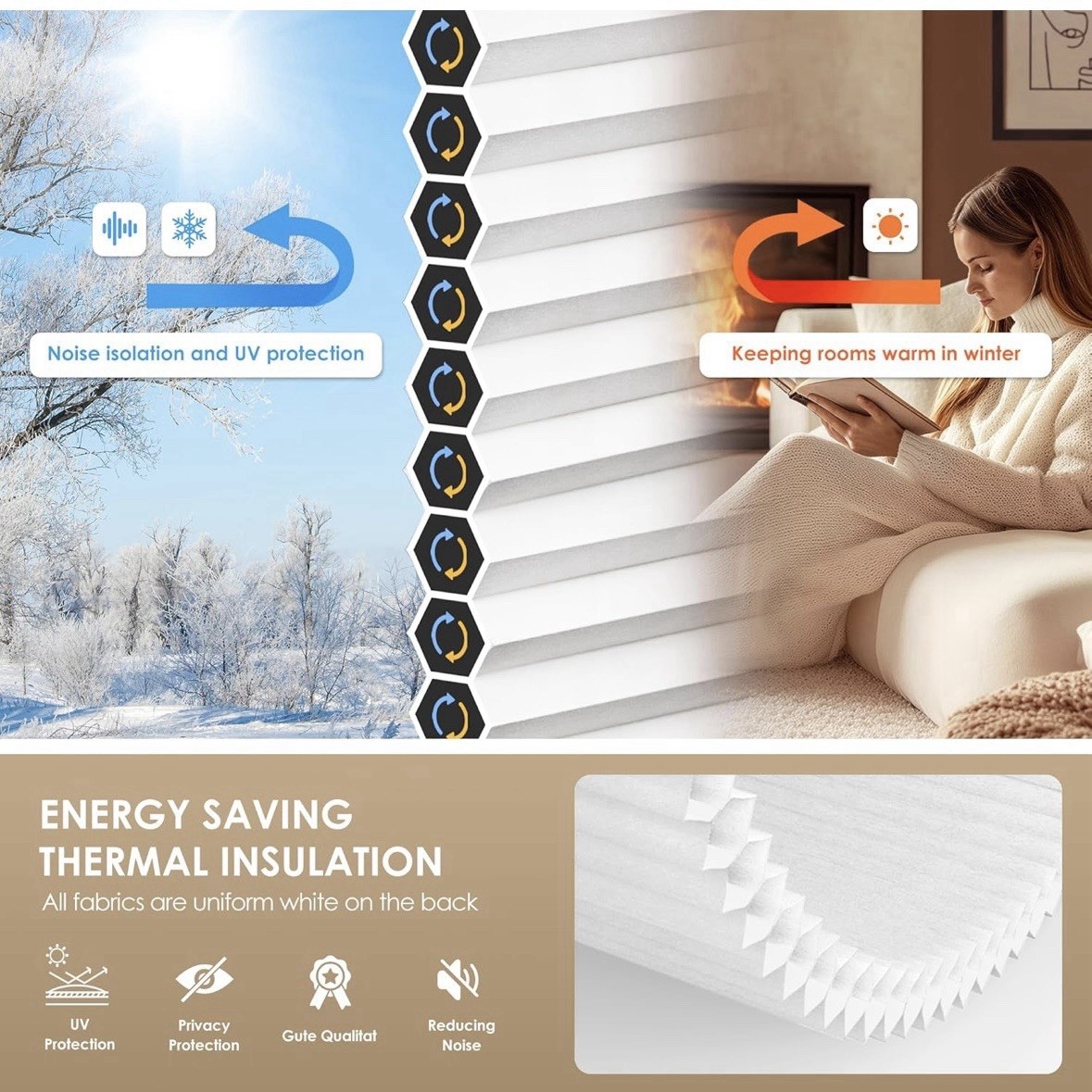 Cordless Cellular Shades, Light Filtering Honeycomb Shades, 26″ W x 48″ H, White