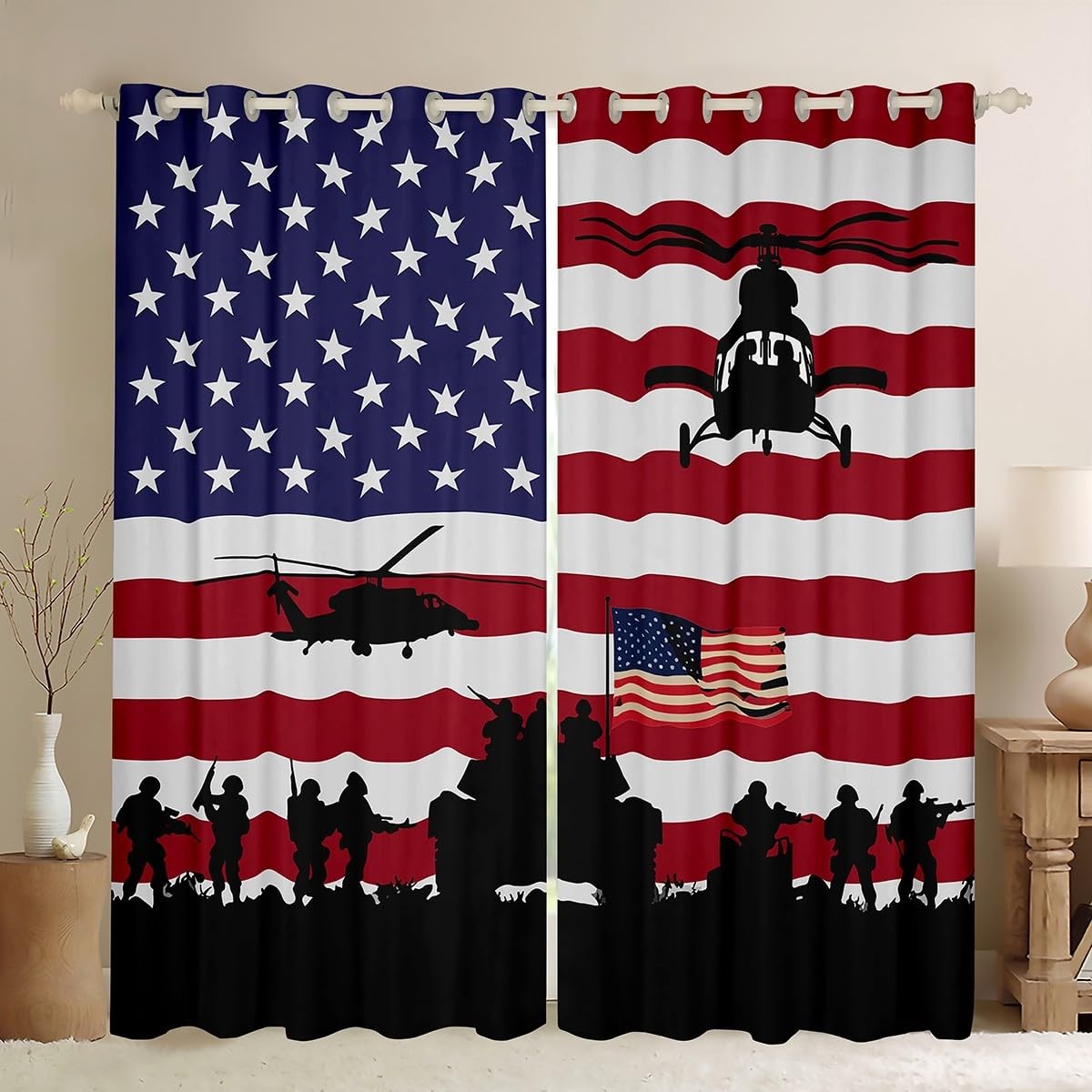American Flag Curtain Boys Men Soldier Helicopter Tank Window Drapes Red Blue…