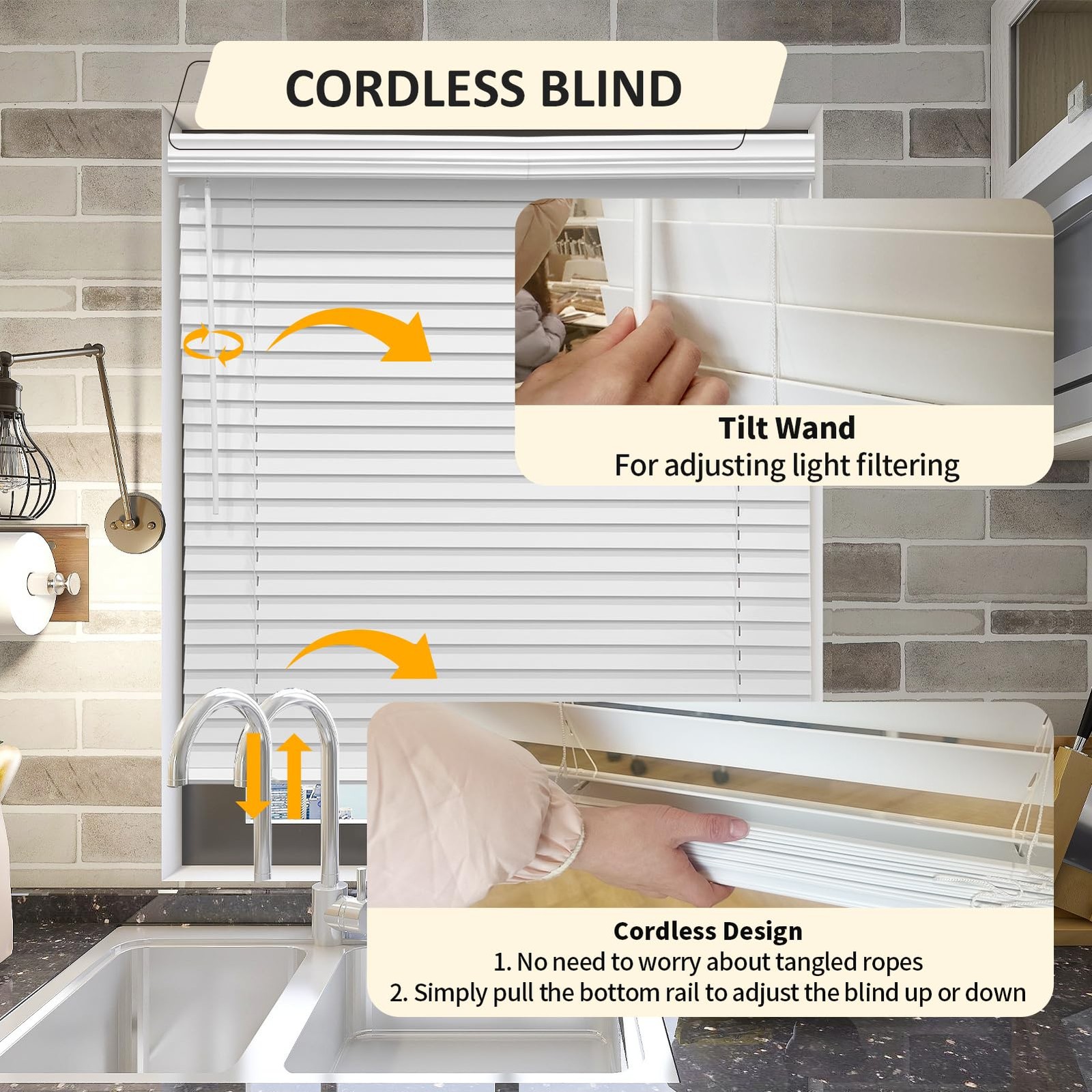 Cordless Faux Wood Blinds 34″ W x 72″ H, 2 Inch Slat Horizontal Windows Blind…