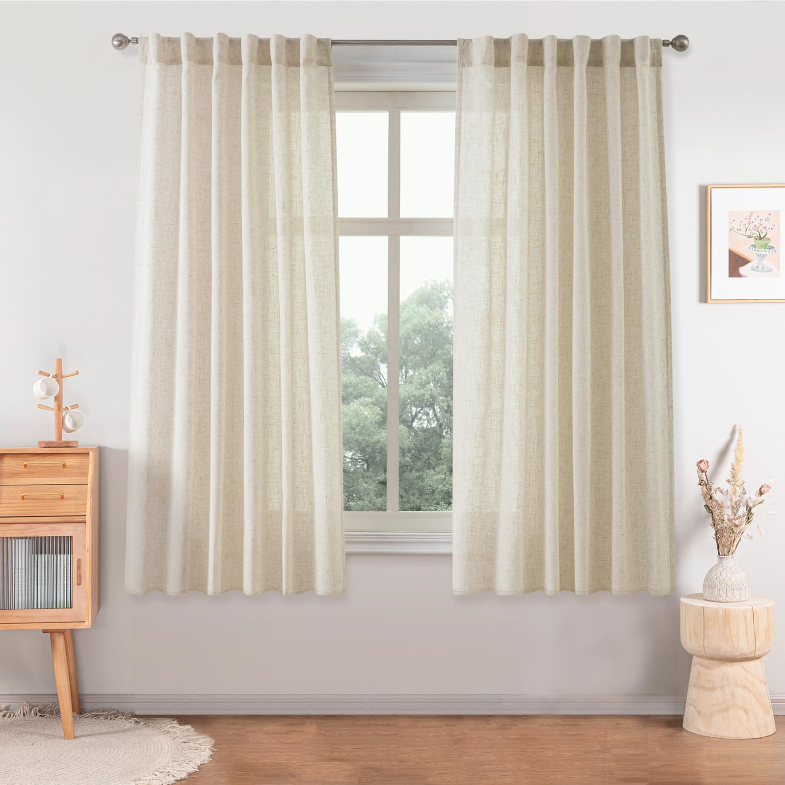 Semi Sheer Linen Curtains Natural Farmhouse Flax Boho Rustic Window Drapes 2 Pcs