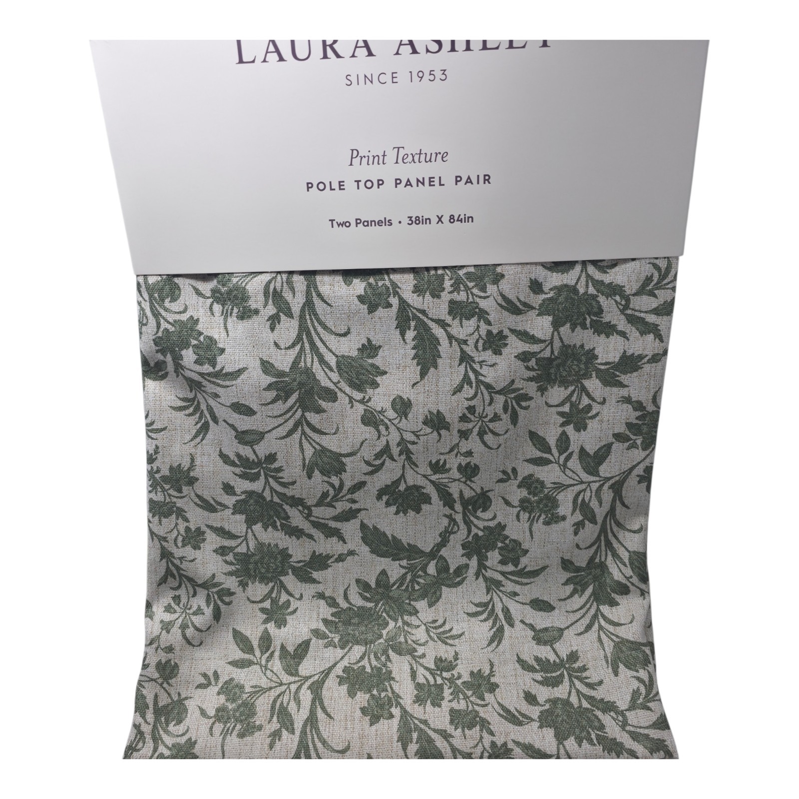 Laura Ashley Floral Print Texture Curtain Panels 38×96 Green Linen Blend Set 2