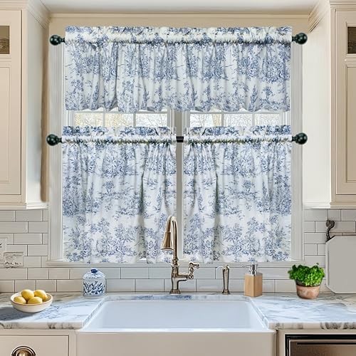 COTTON CRAFT Café Curtains – Tier Window Treatment Curtains – Blue White
