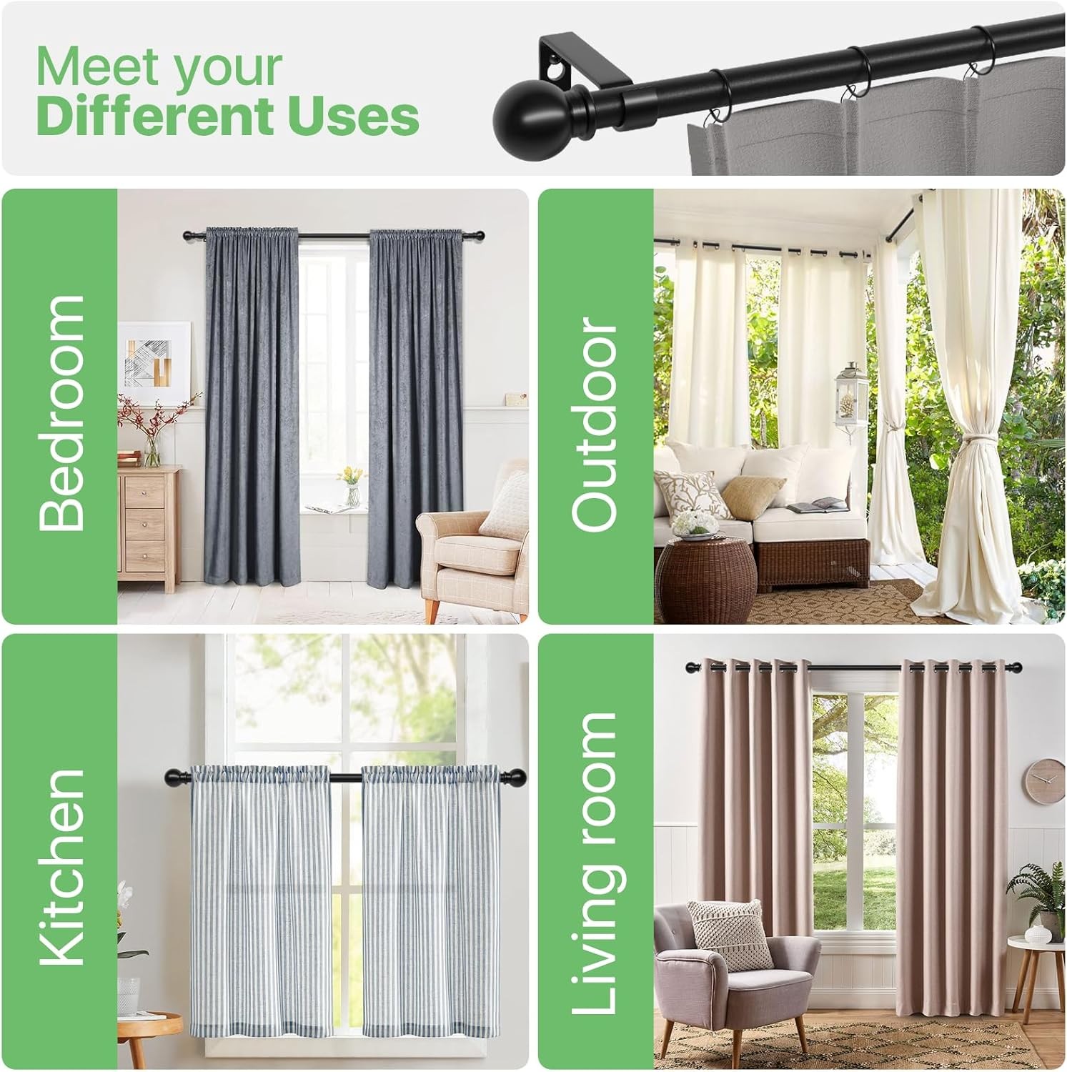 Curtain Rods for Windows 28 to 48 Inch, 5/8 Inch Black Curtain Rod Set with Brac