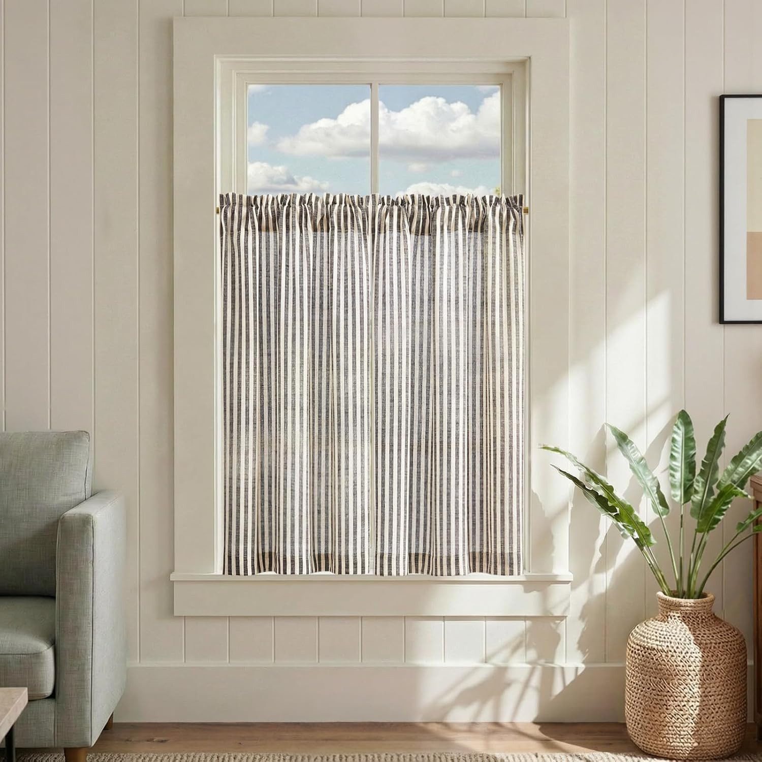 Jinchan Striped Linen Kitchen Curtains 36 Inches Length Tier Curtains Farmhouse
