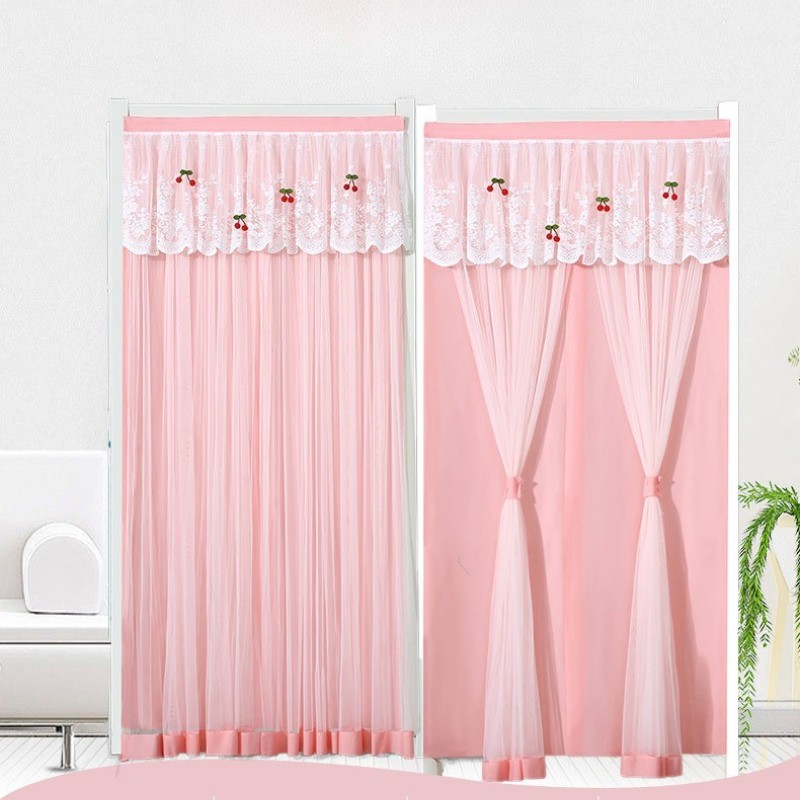 Double Layers Mesh Door Curtain Lace Embroidery Sheer Doorway Curtain Household