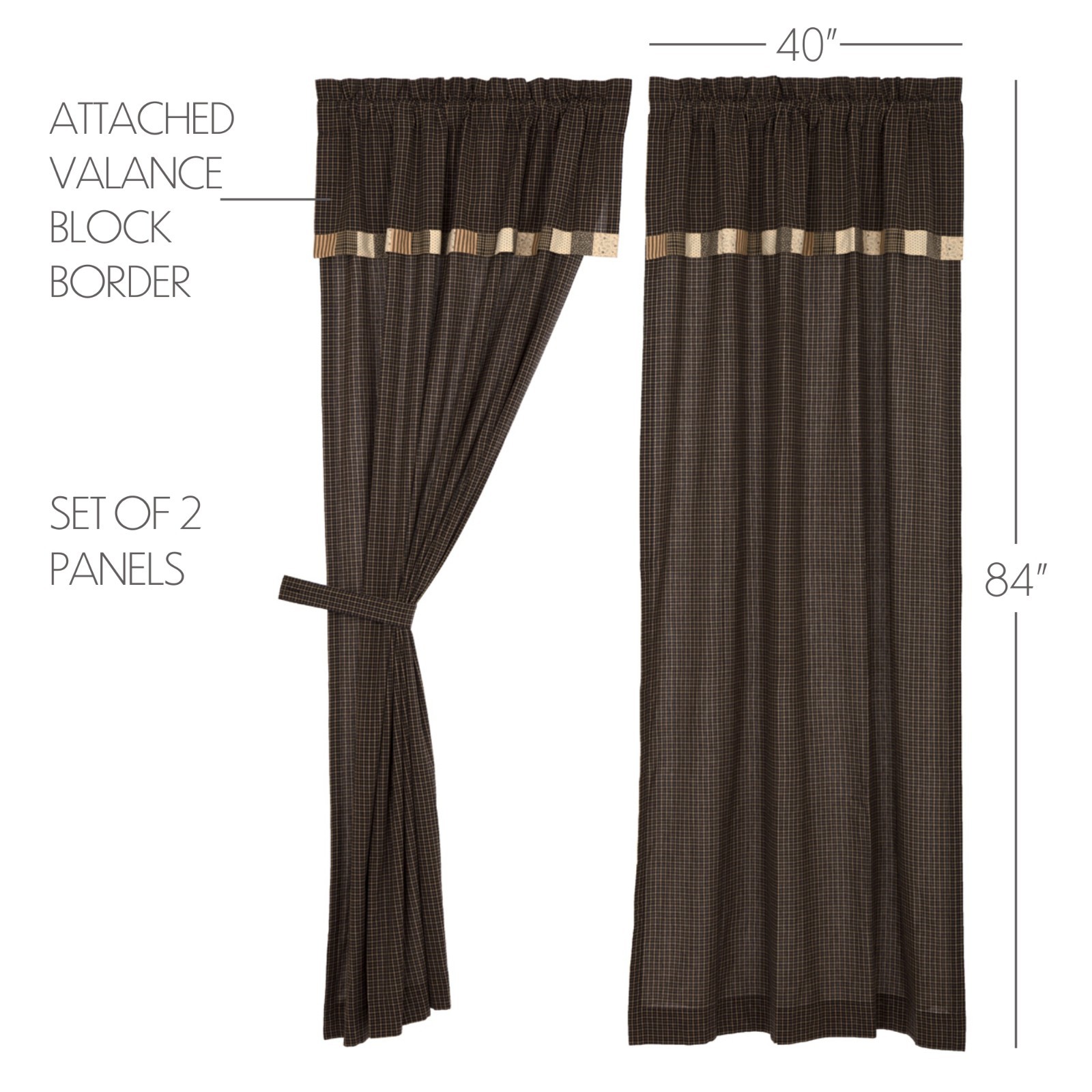Kettle Grove Panel with Attached Valance Block Border 84″ Charcoal Grey Black