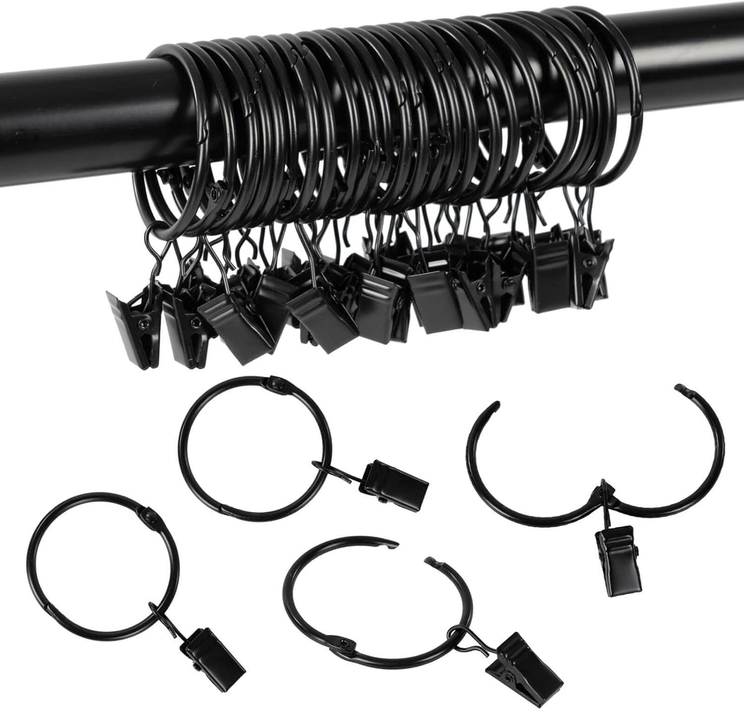 Openable Curtain Rings with Clips,1Inch Inner Diameter,Heavy Duty Rustproof Meta