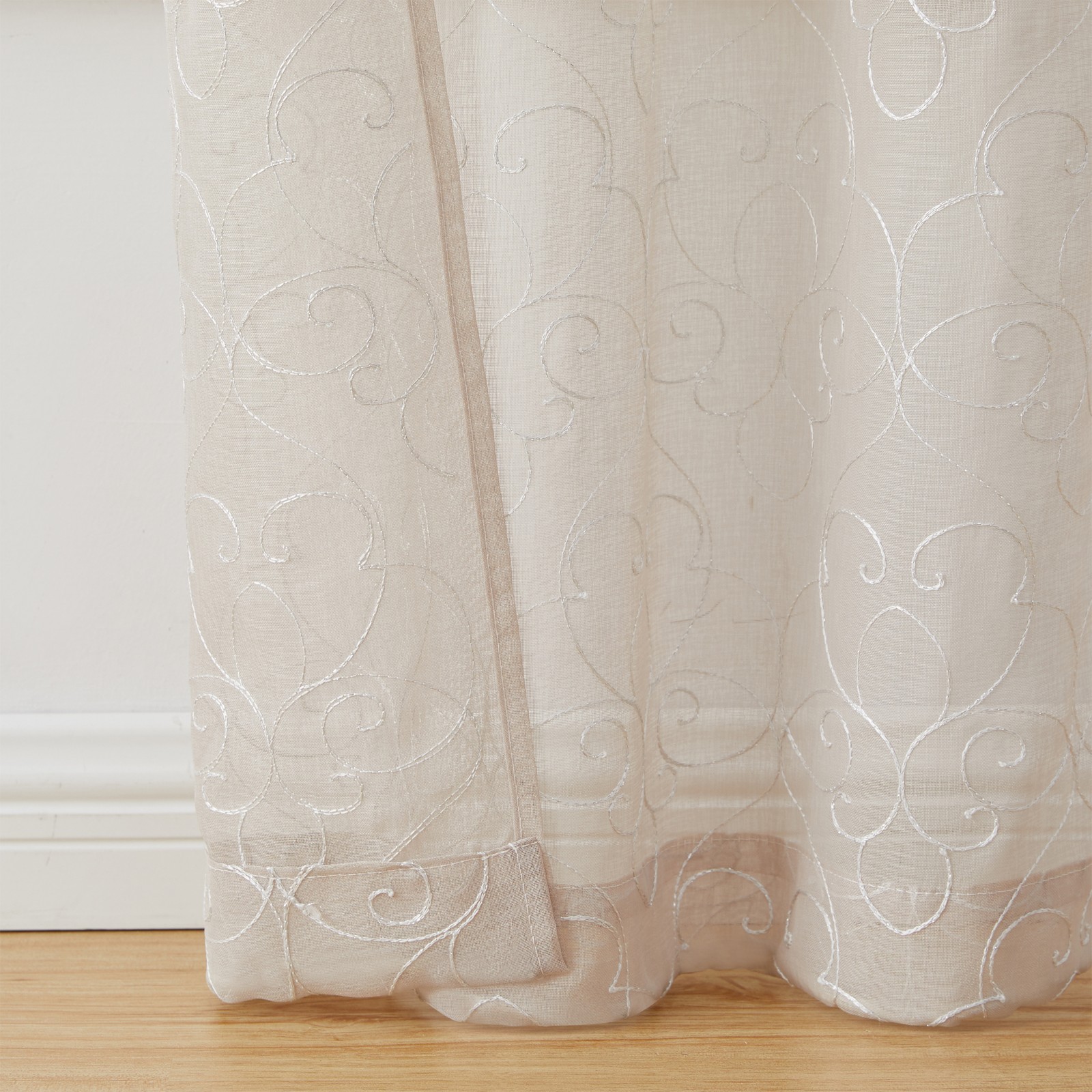 (3 pack) Modern Scroll Rod Pocket Sheer Curtains, Set of 4, Beige, 28″ W x 84″ L