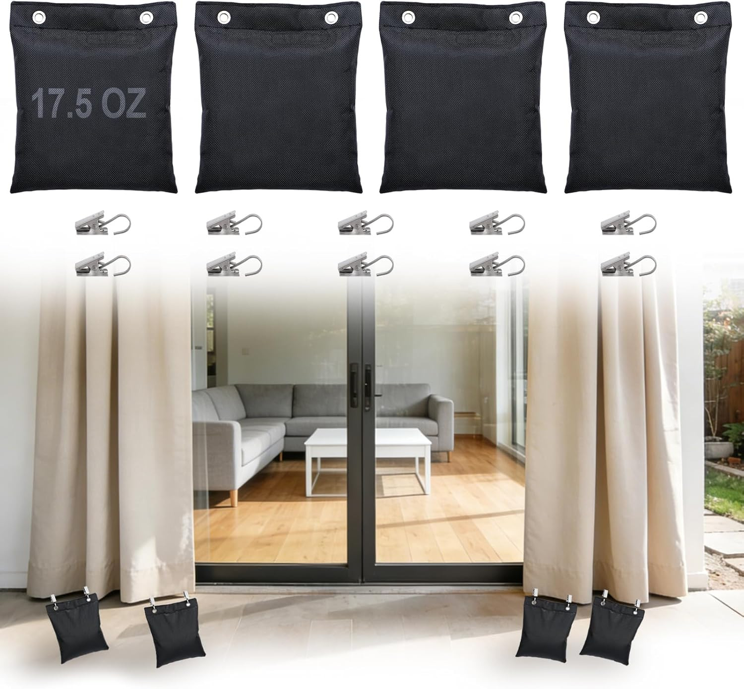 Pre-Filled 17.6 Oz Outdoor Curtain Weights- 4 Pack Wind Resistant Oxford Weight