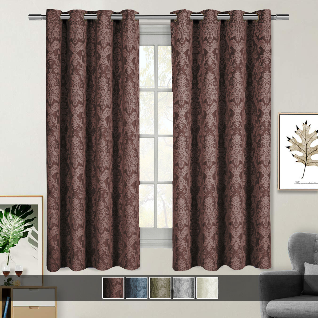 2 Panels 54 x 63″ Floral Blair Top Grommet Jacquard Window Drapes & Curtains