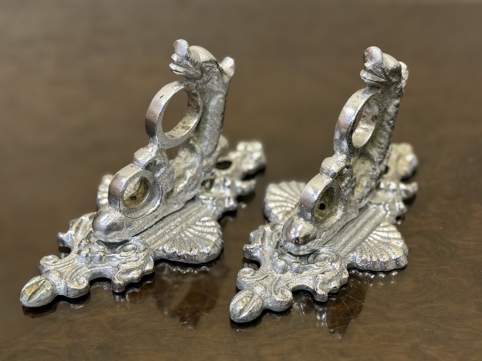 Pair Vintage Soviet Bronze Sea Dragon Curtain Brackets Nickel 1970s USSR